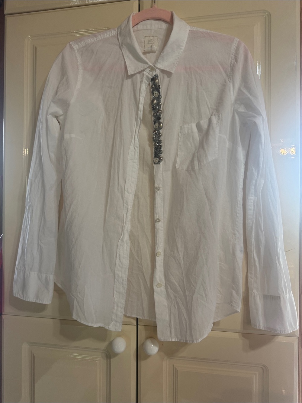 White Men's Long-Sleeve Button-Up Shirt with Beaded Placket